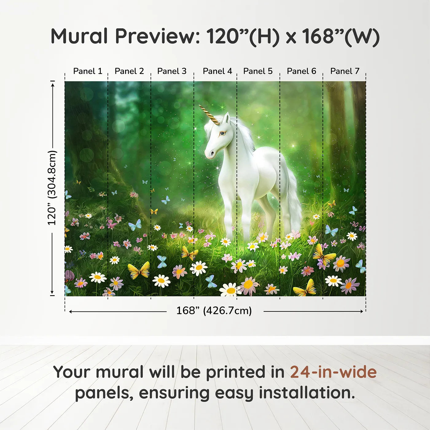 Whimsy Tots Enchanted Forest Unicorn Wall Muraldimension view (120" H x 168" W). Printed in seven 24-inch-wide panels. Best for Girls