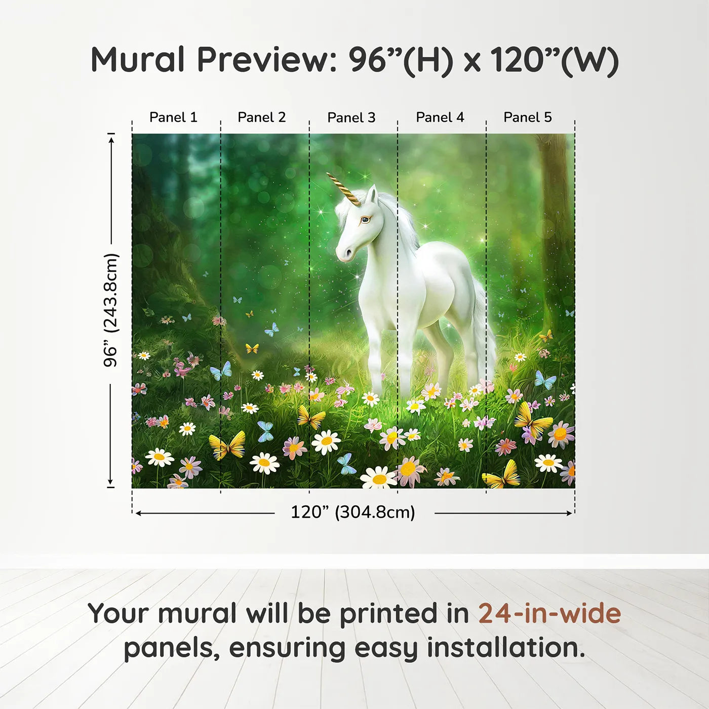 Whimsy Tots Enchanted Forest Unicorn Wall Muraldimension view (96" H x 120" W). Printed in five 24-inch-wide panels. Best for Girls