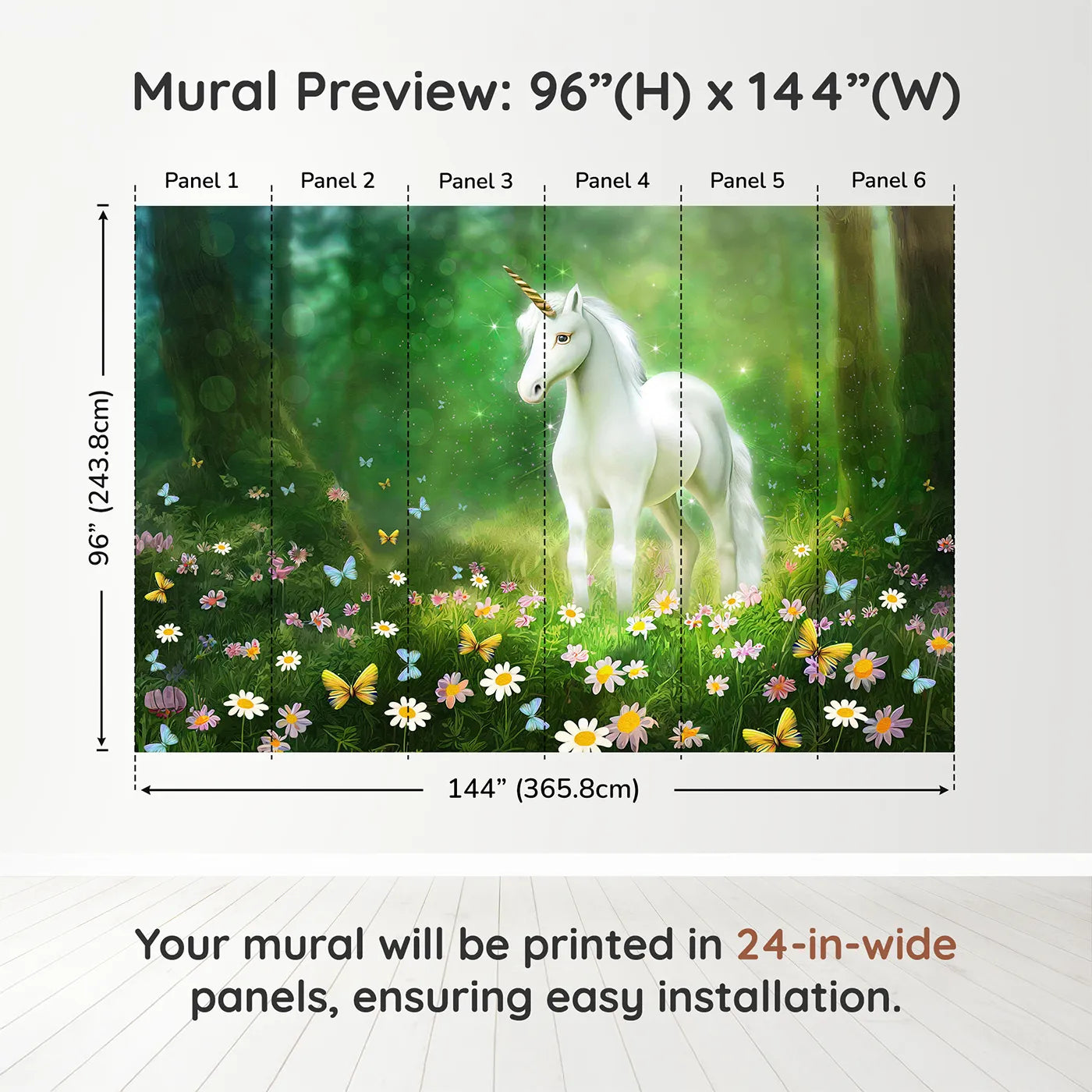 Whimsy Tots Enchanted Forest Unicorn Wall Muraldimension view (96" H x 144" W). Printed in six 24-inch-wide panels. Best for Girls