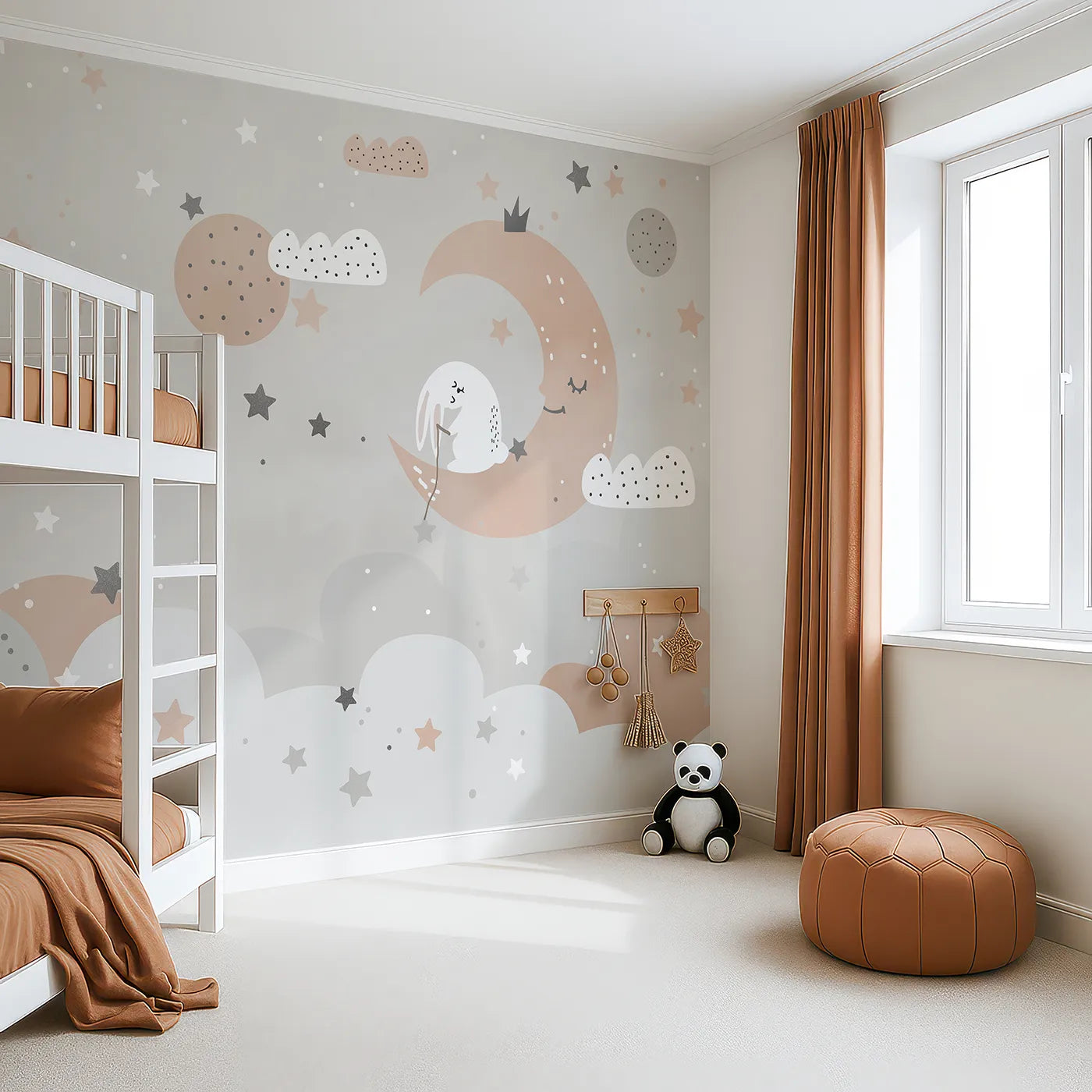 Angled view of Whimsy Tots' Bunny on the Moon Wall Mural (Turn Their Room into a Gentle, Starry Dreamland).Gender-Neutral