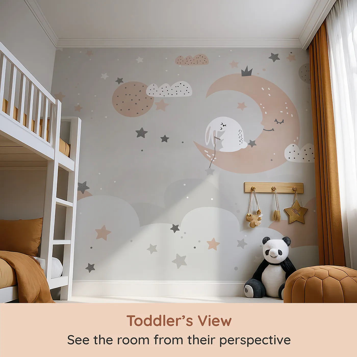 Whimsy Tots Bunny on the Moon Wall Mural (Turn Their Room into a Gentle, Starry Dreamland) from your child's view.Gender-Neutral