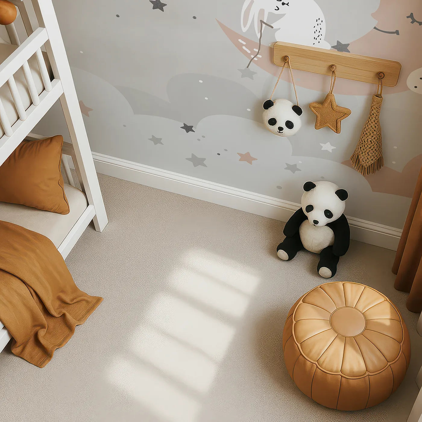 Top-down view of Whimsy Tots' Bunny on the Moon Wall Mural (Turn Their Room into a Gentle, Starry Dreamland).Gender-Neutral
