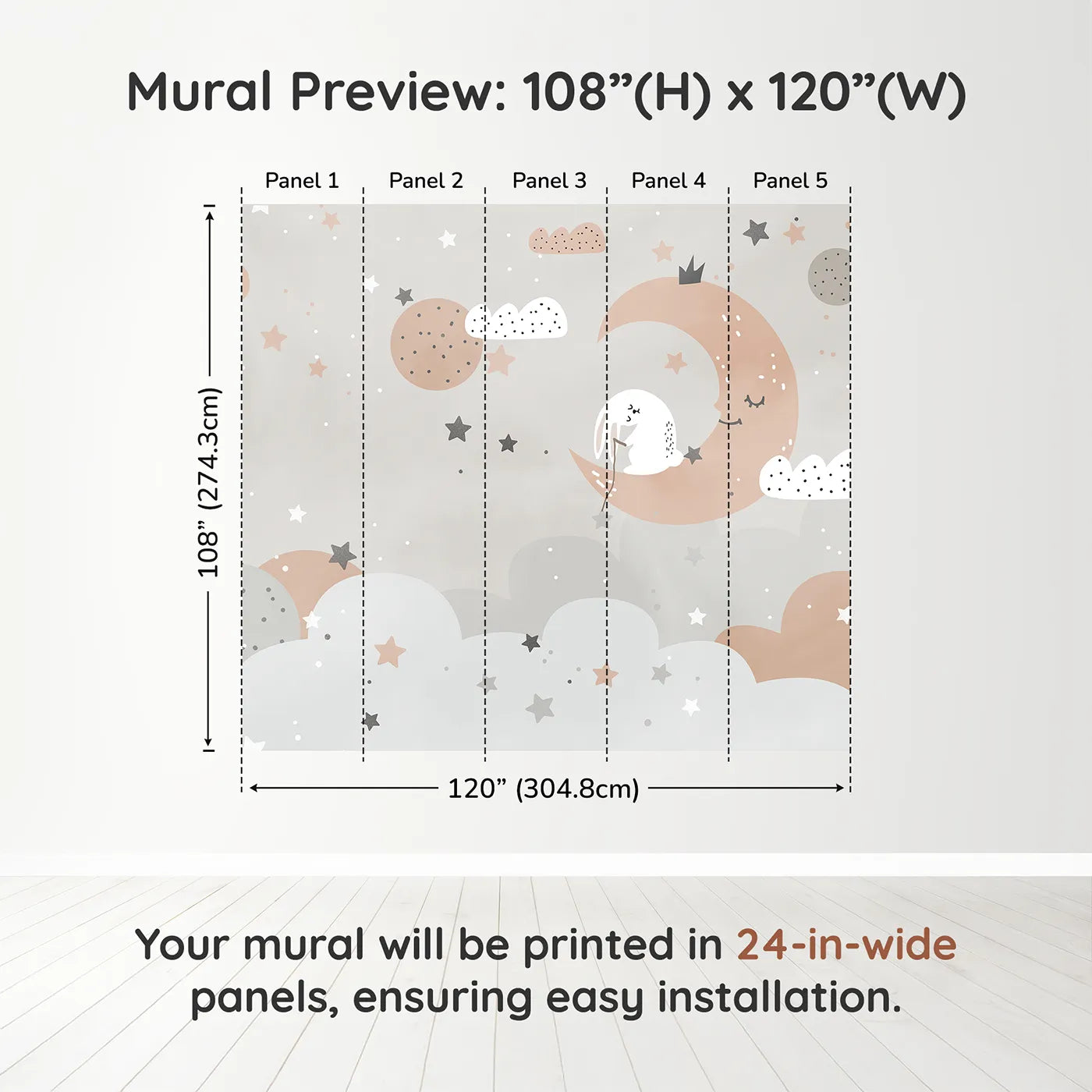 Whimsy Tots Bunny on the Moon Wall Muraldimension view (108" H x 120" W). Printed in five 24-inch-wide panels. Gender-Neutral
