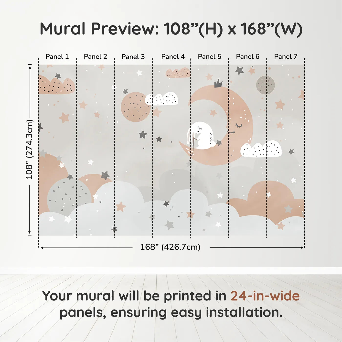 Whimsy Tots Bunny on the Moon Wall Muraldimension view (108" H x 168" W). Printed in seven 24-inch-wide panels. Gender-Neutral