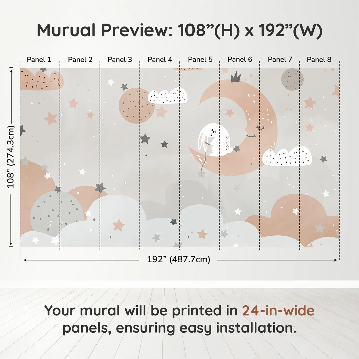 Whimsy Tots Bunny on the Moon Wall Muraldimension view (108" H x 192" W). Printed in eight 24-inch-wide panels. Gender-Neutral
