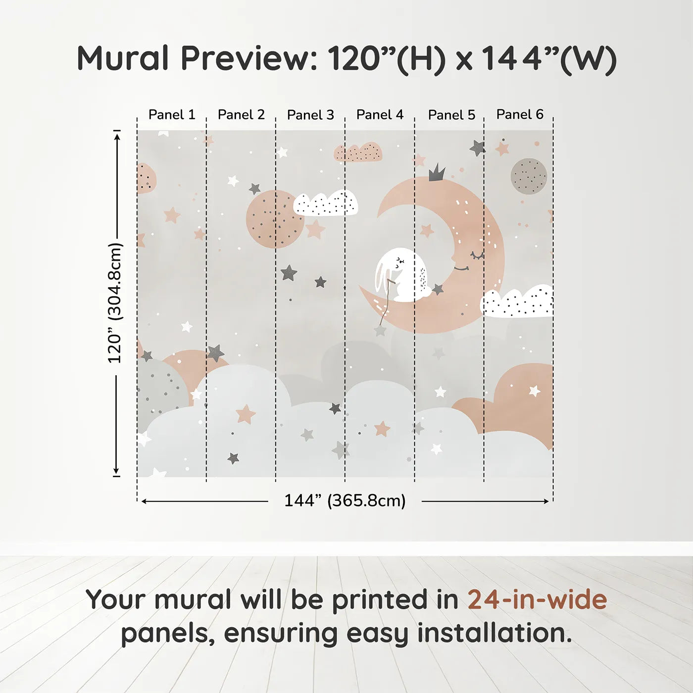 Whimsy Tots Bunny on the Moon Wall Muraldimension view (120" H x 144" W). Printed in six 24-inch-wide panels. Gender-Neutral