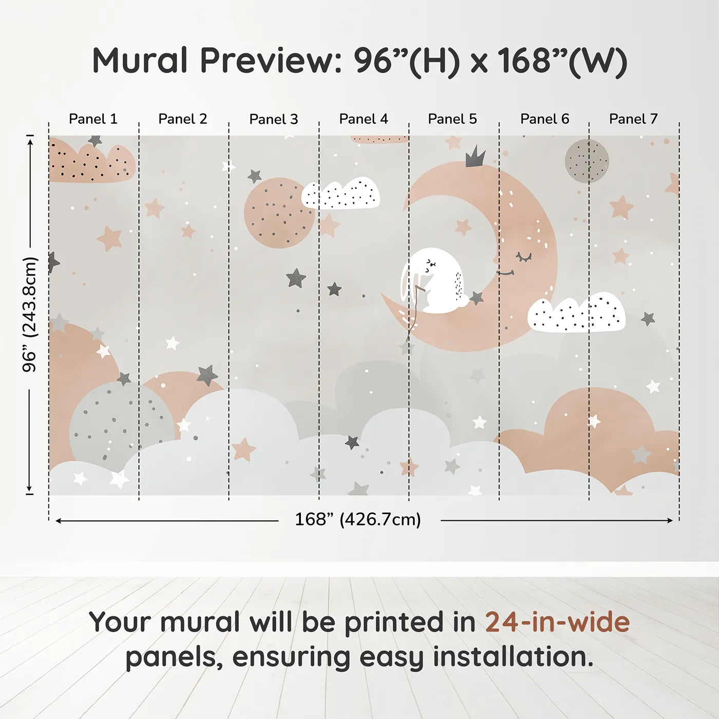 Whimsy Tots Bunny on the Moon Wall Muraldimension view (96" H x 168" W). Printed in seven 24-inch-wide panels. Gender-Neutral
