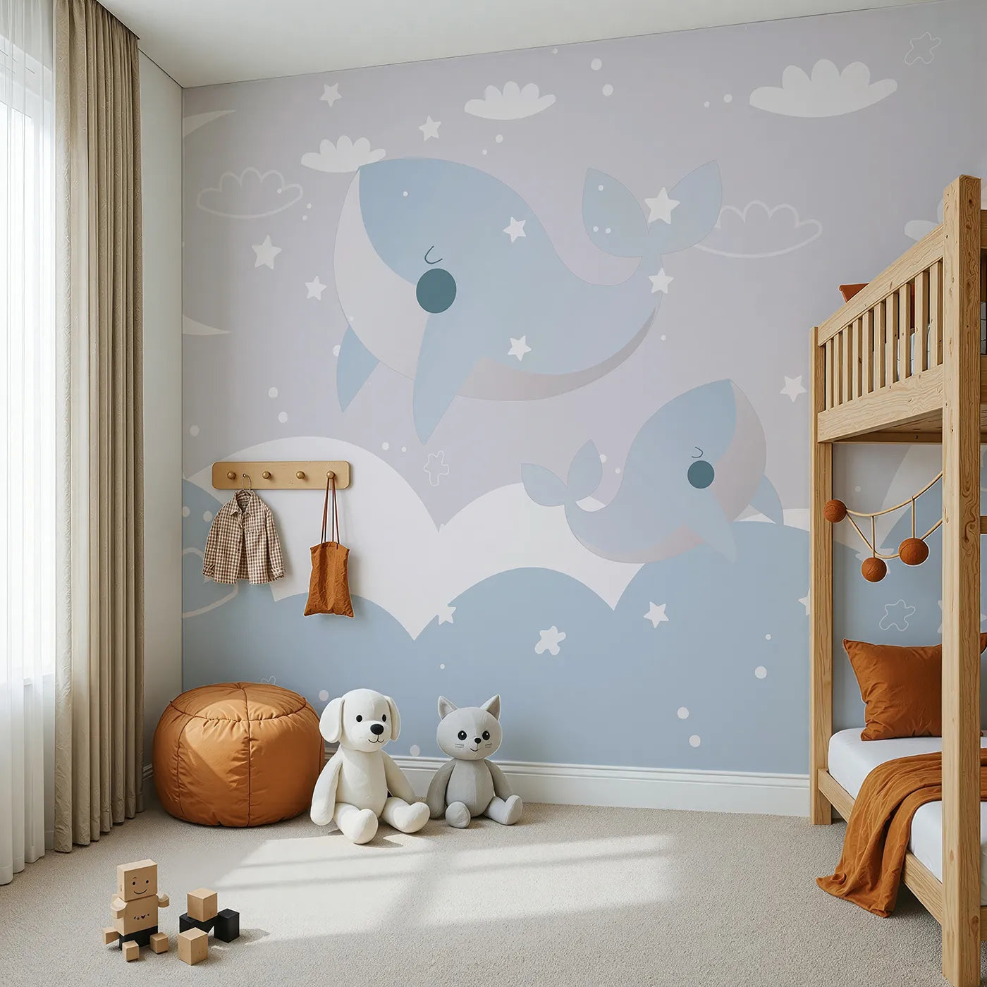 Angled view of Whimsy Tots' Flying Whales in the Clouds Wall Mural (Turn Their Room into a Dreamy, Sky-High Ocean).Gender-Neutral