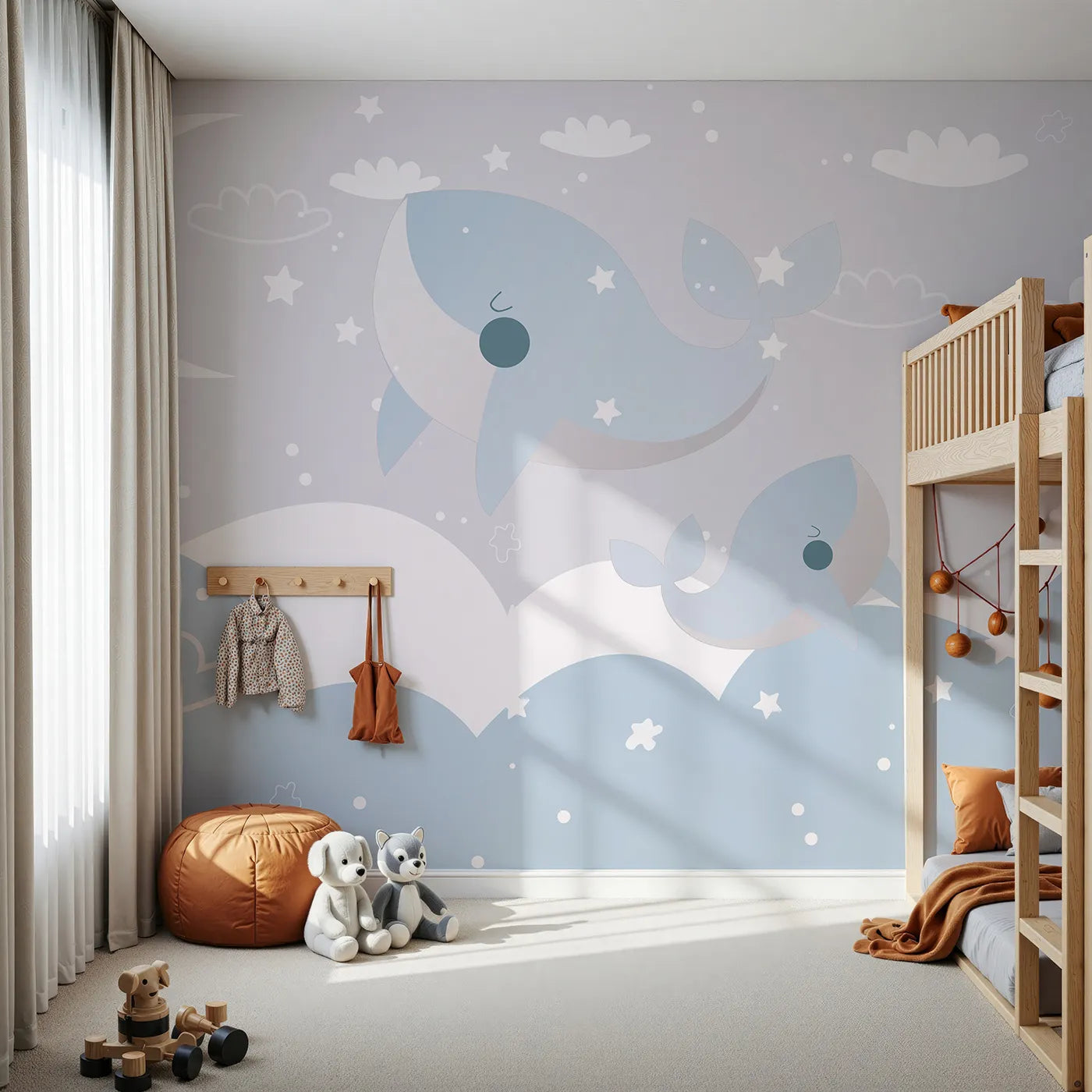 Front view of Whimsy Tots' Flying Whales in the Clouds Wall Mural