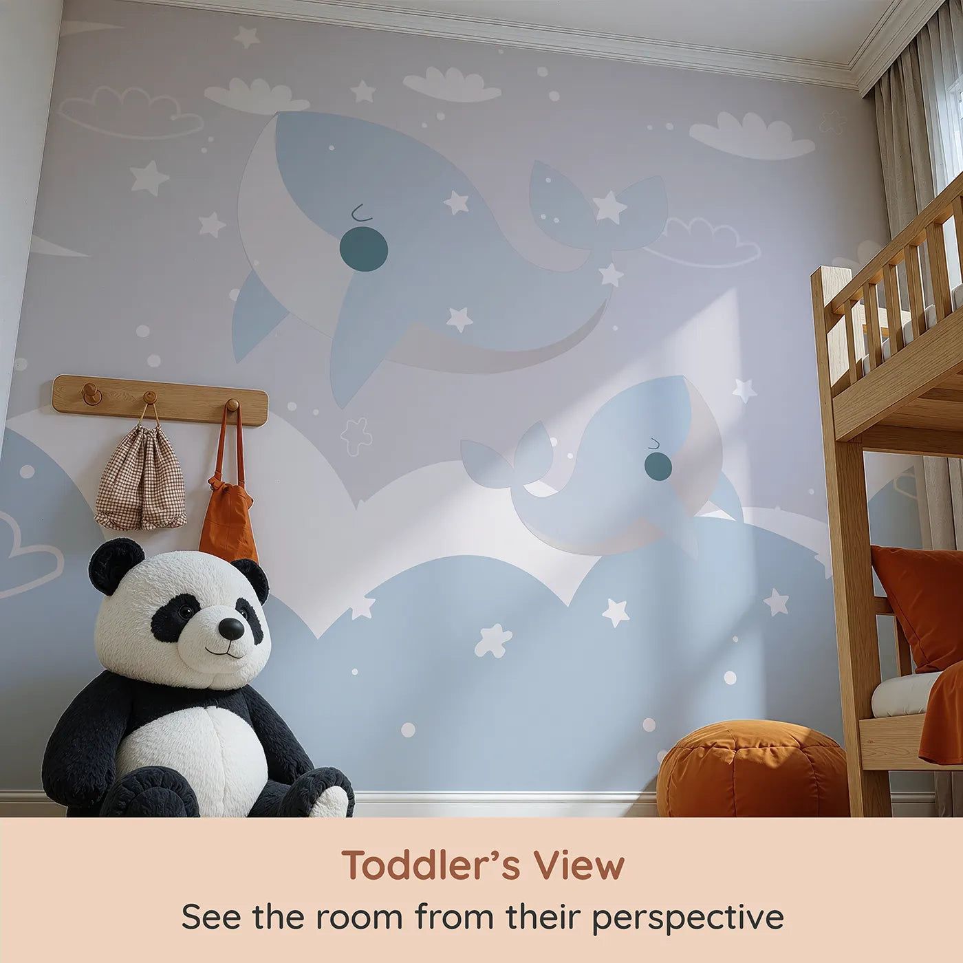Whimsy Tots Flying Whales in the Clouds Wall Mural (Turn Their Room into a Dreamy, Sky-High Ocean) from your child's view.Gender-Neutral