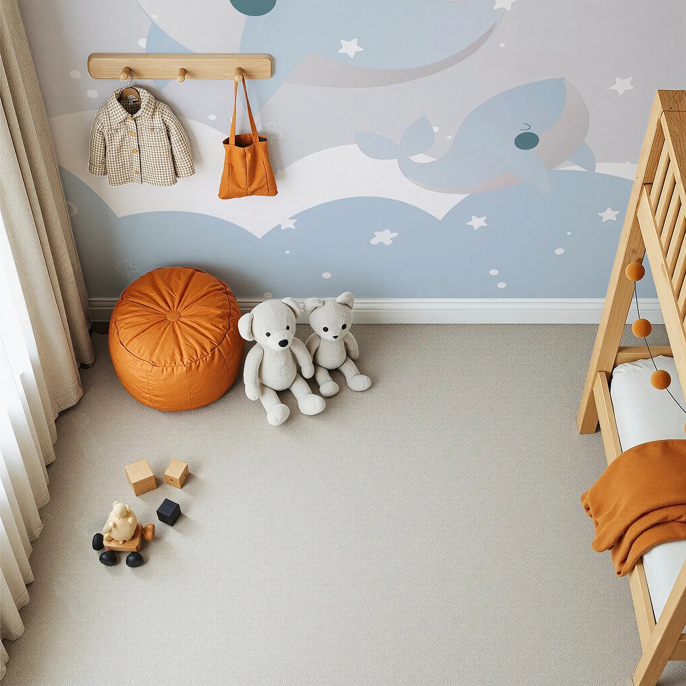 Top-down view of Whimsy Tots' Flying Whales in the Clouds Wall Mural (Turn Their Room into a Dreamy, Sky-High Ocean).Gender-Neutral