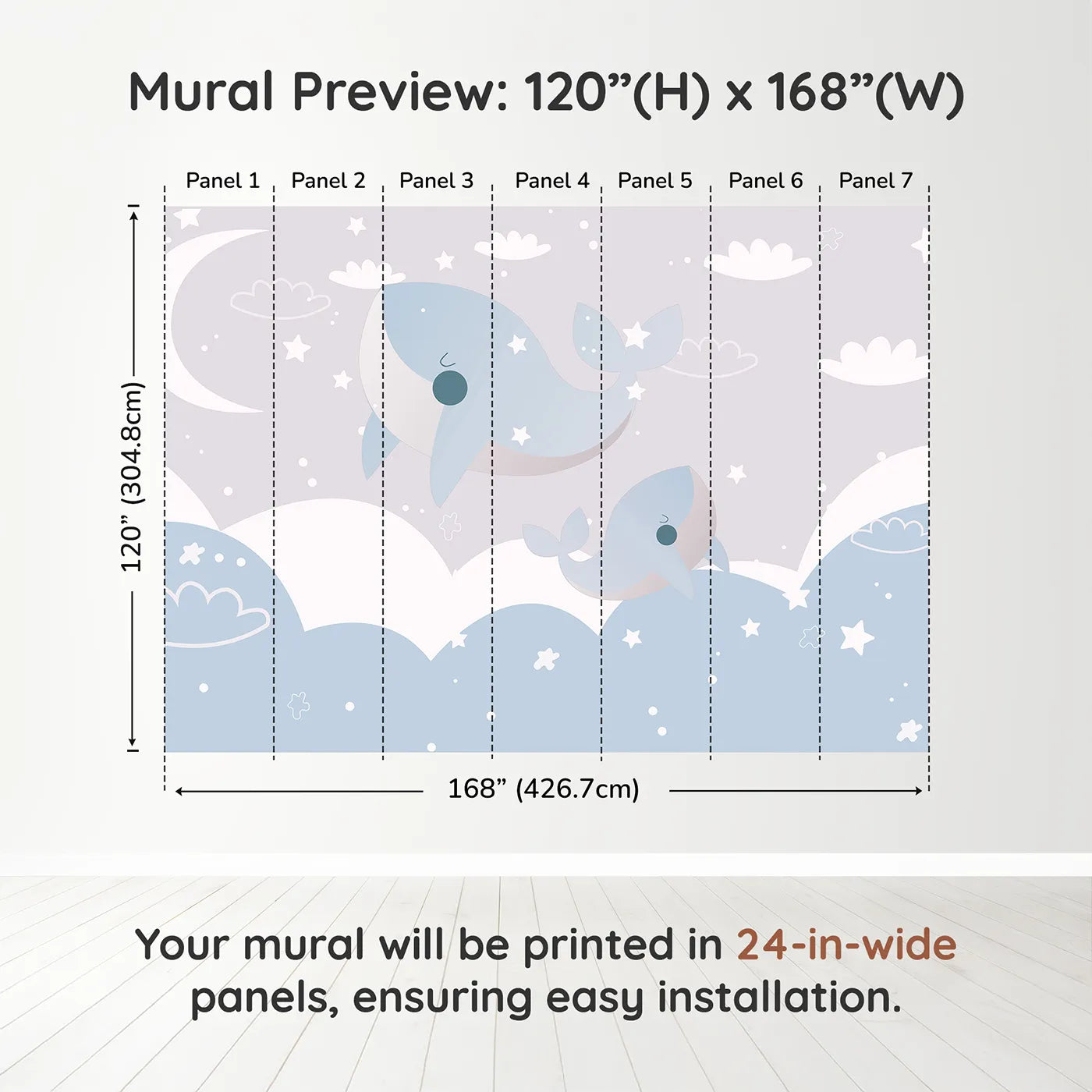 Whimsy Tots Flying Whales in the Clouds Wall Muraldimension view (120" H x 168" W). Printed in seven 24-inch-wide panels. Gender-Neutral