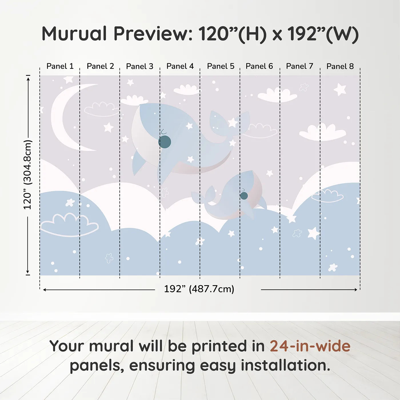 Whimsy Tots Flying Whales in the Clouds Wall Muraldimension view (120" H x 192" W). Printed in eight 24-inch-wide panels. Gender-Neutral