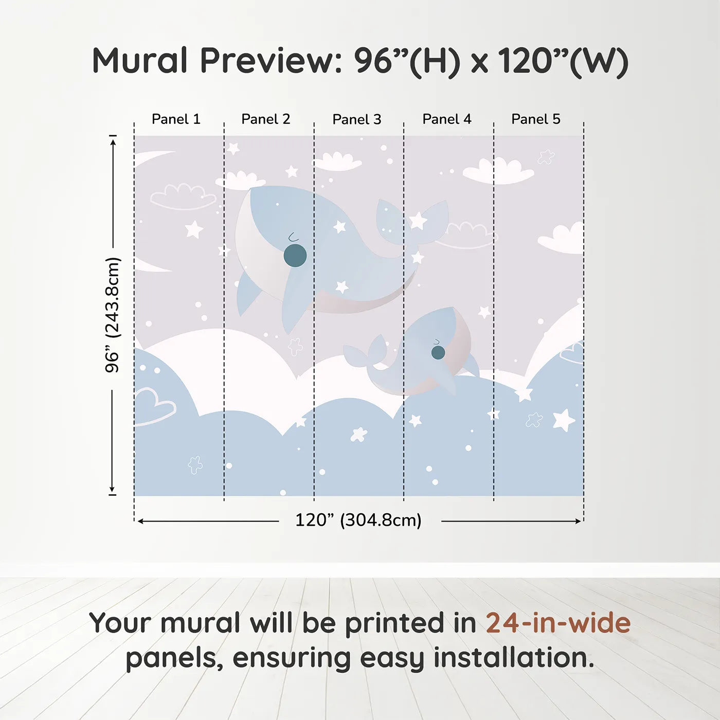 Whimsy Tots Flying Whales in the Clouds Wall Muraldimension view (96" H x 120" W). Printed in five 24-inch-wide panels. Gender-Neutral