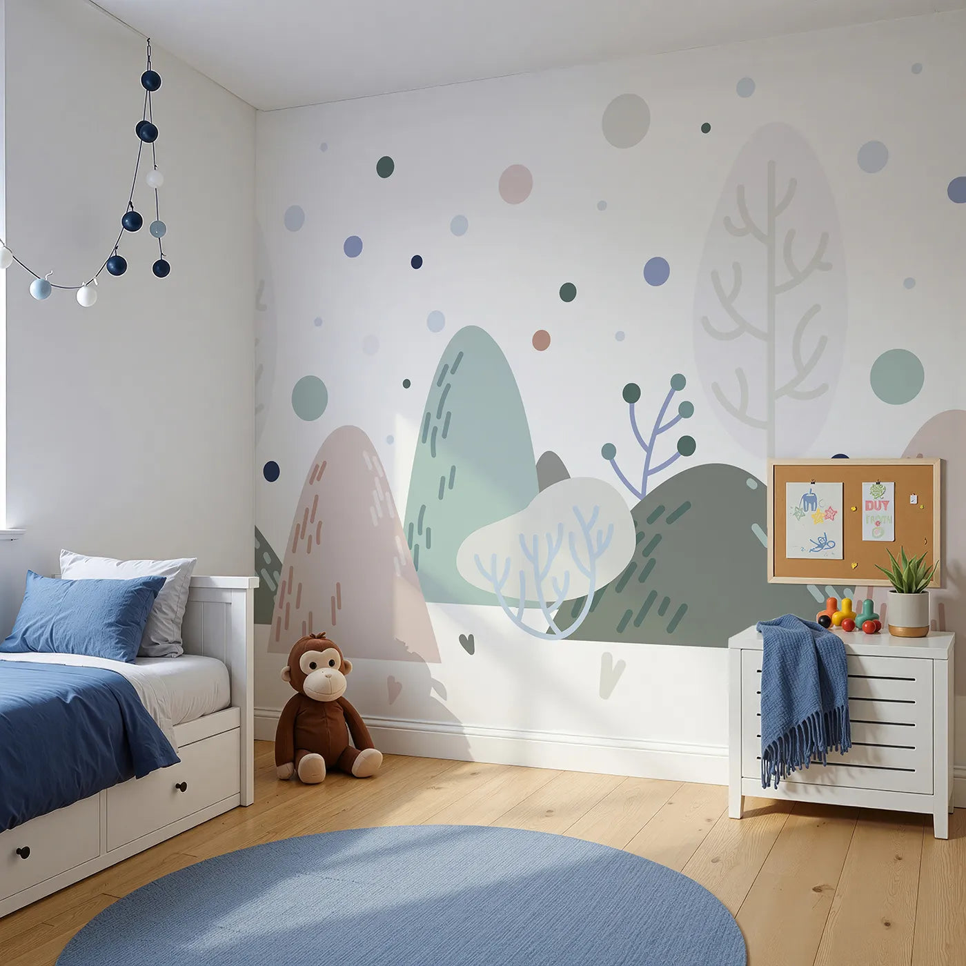 Angled view of Whimsy Tots' Minimalist Winter Hills Wall Mural (Turn Their Room into a Calm and Modern Winterscape).Gender-Neutral