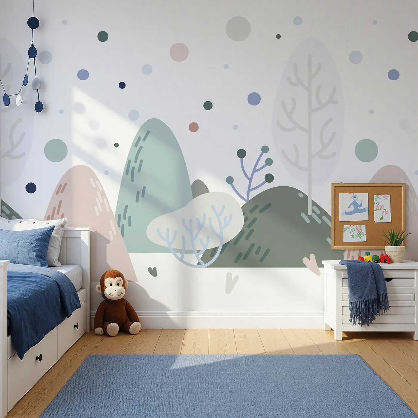 Front view of Whimsy Tots' Minimalist Winter Hills Wall Mural