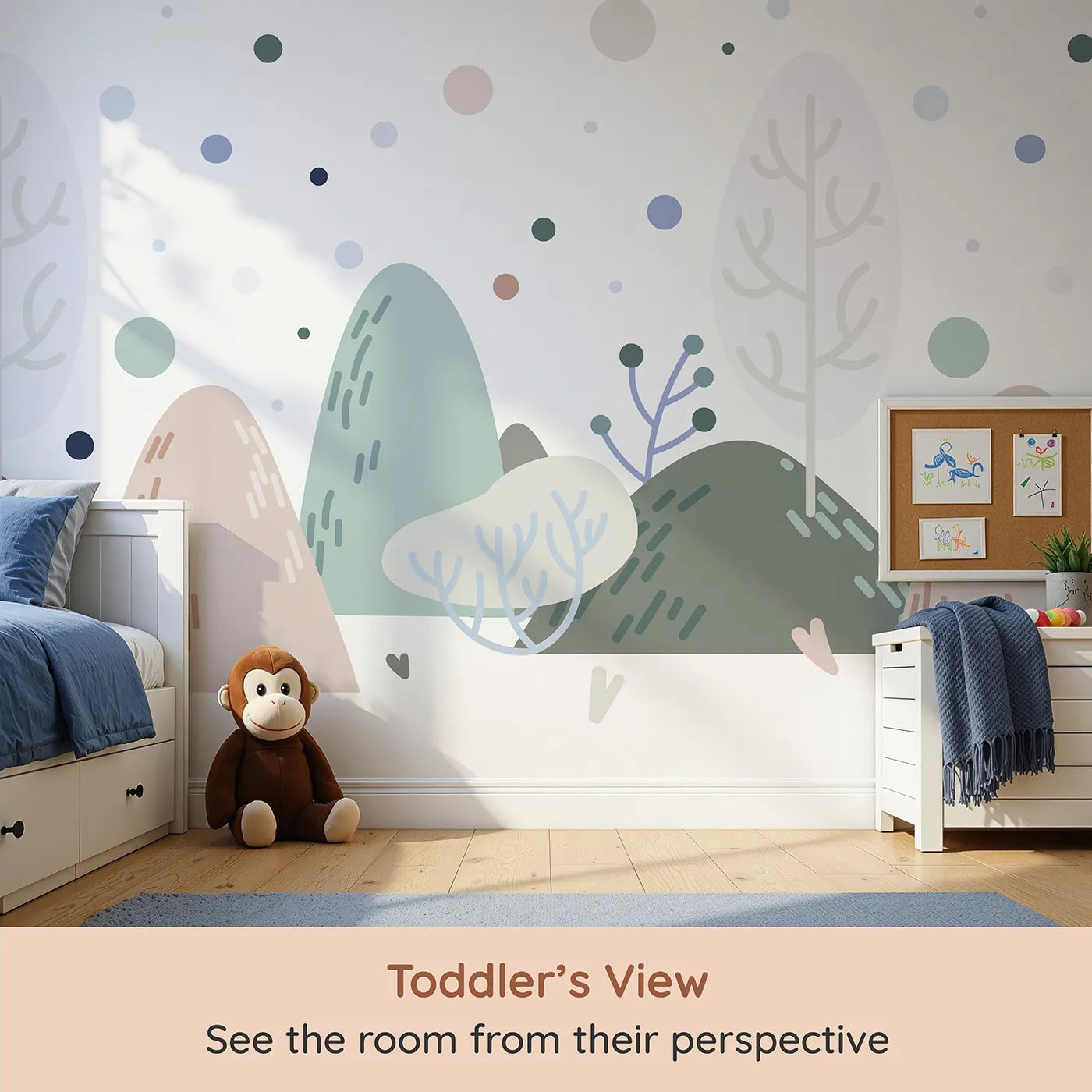 Whimsy Tots Minimalist Winter Hills Wall Mural (Turn Their Room into a Calm and Modern Winterscape) from your child's view.Gender-Neutral