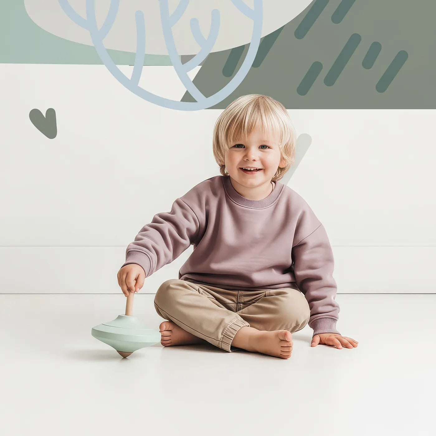 Child in front of Whimsy Tots Minimalist Winter Hills Wall Mural with winter, landscape, abstract, minimalist, pastel, hill, tree, modern in design.