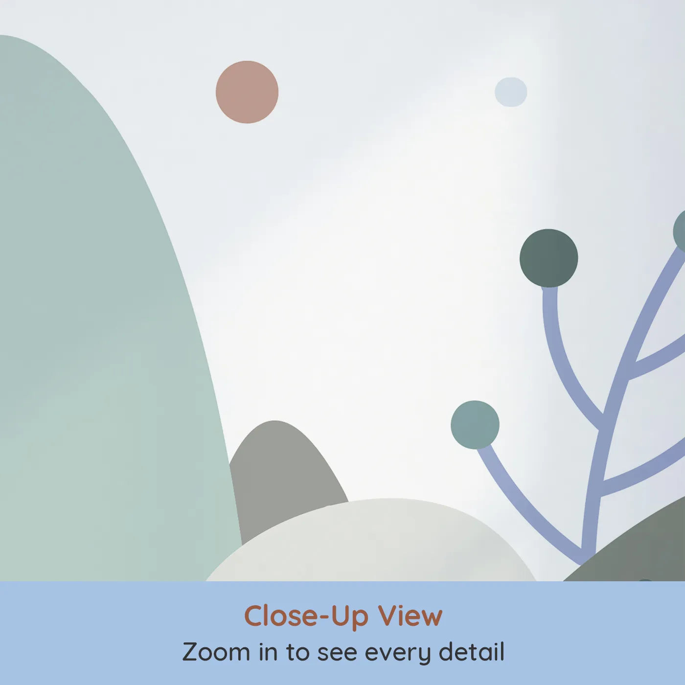 Close-up view of Whimsy Tots' Minimalist Winter Hills Wall Mural (Turn Their Room into a Calm and Modern Winterscape).Gender-Neutral