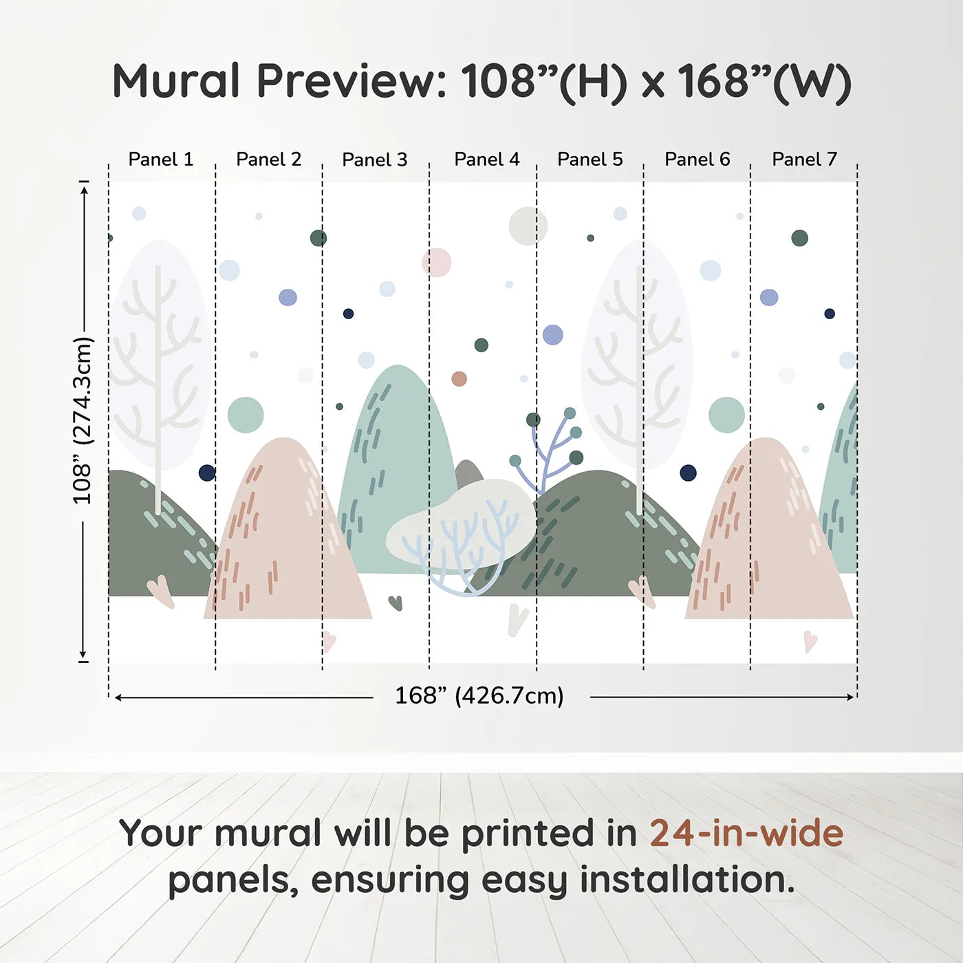 Whimsy Tots Minimalist Winter Hills Wall Muraldimension view (108" H x 168" W). Printed in seven 24-inch-wide panels. Gender-Neutral