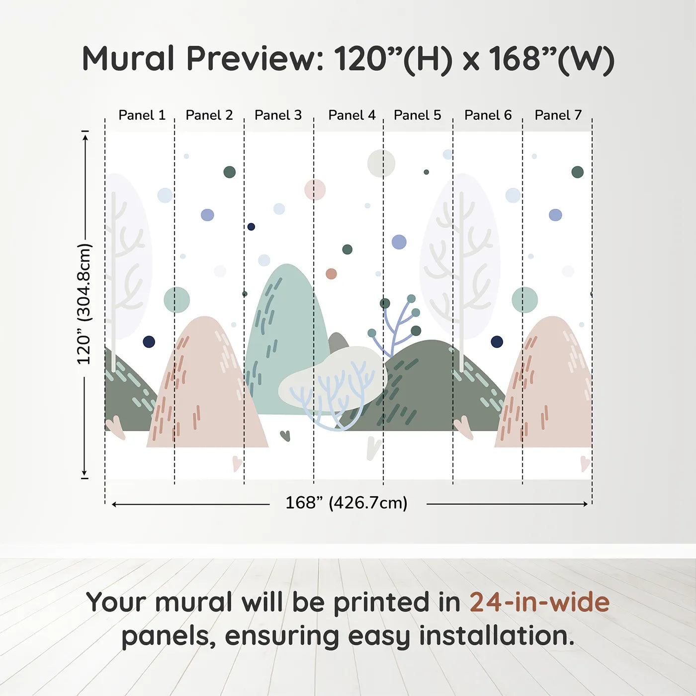 Whimsy Tots Minimalist Winter Hills Wall Muraldimension view (120" H x 168" W). Printed in seven 24-inch-wide panels. Gender-Neutral