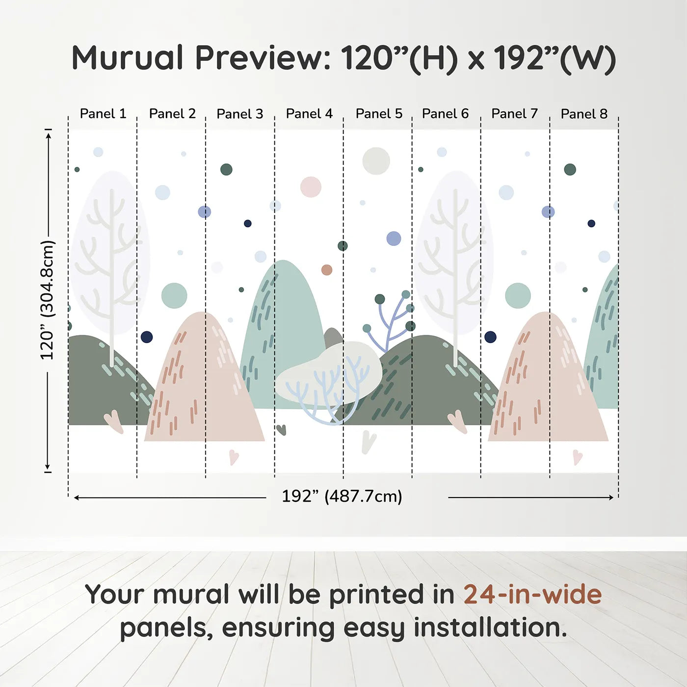 Whimsy Tots Minimalist Winter Hills Wall Muraldimension view (120" H x 192" W). Printed in eight 24-inch-wide panels. Gender-Neutral