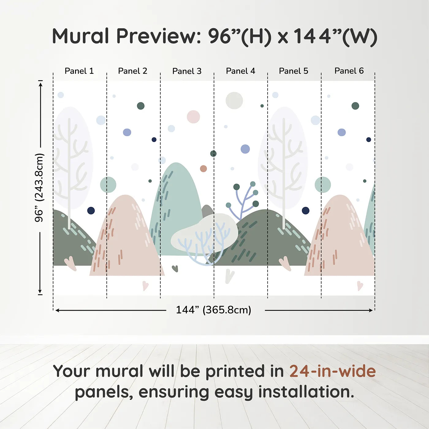 Whimsy Tots Minimalist Winter Hills Wall Muraldimension view (96" H x 144" W). Printed in six 24-inch-wide panels. Gender-Neutral
