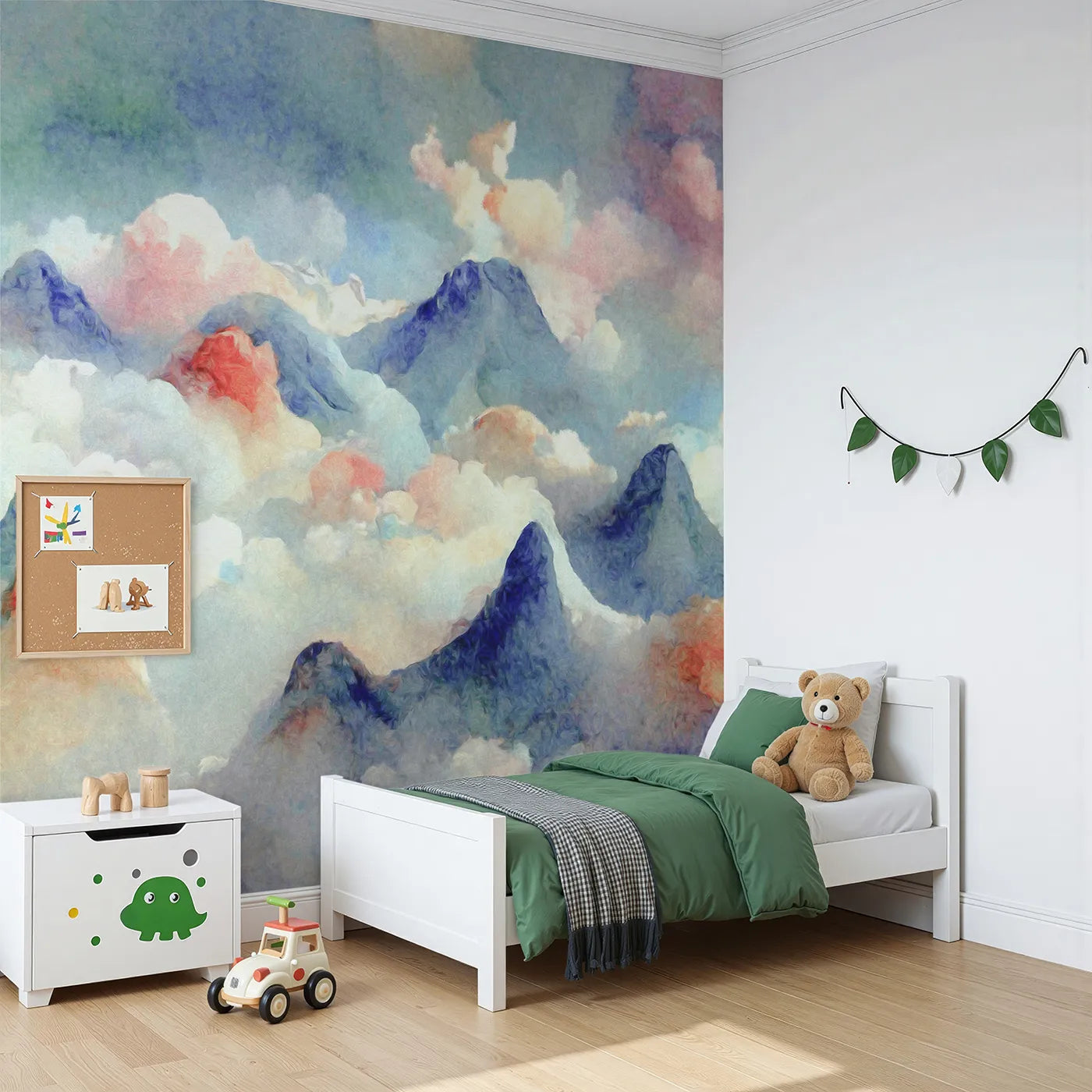 Angled view of Whimsy Tots' Impressionist Mountain Sky Wall Mural (Turn Their Room into a Breathtaking, Painted Skyscape).Gender-Neutral