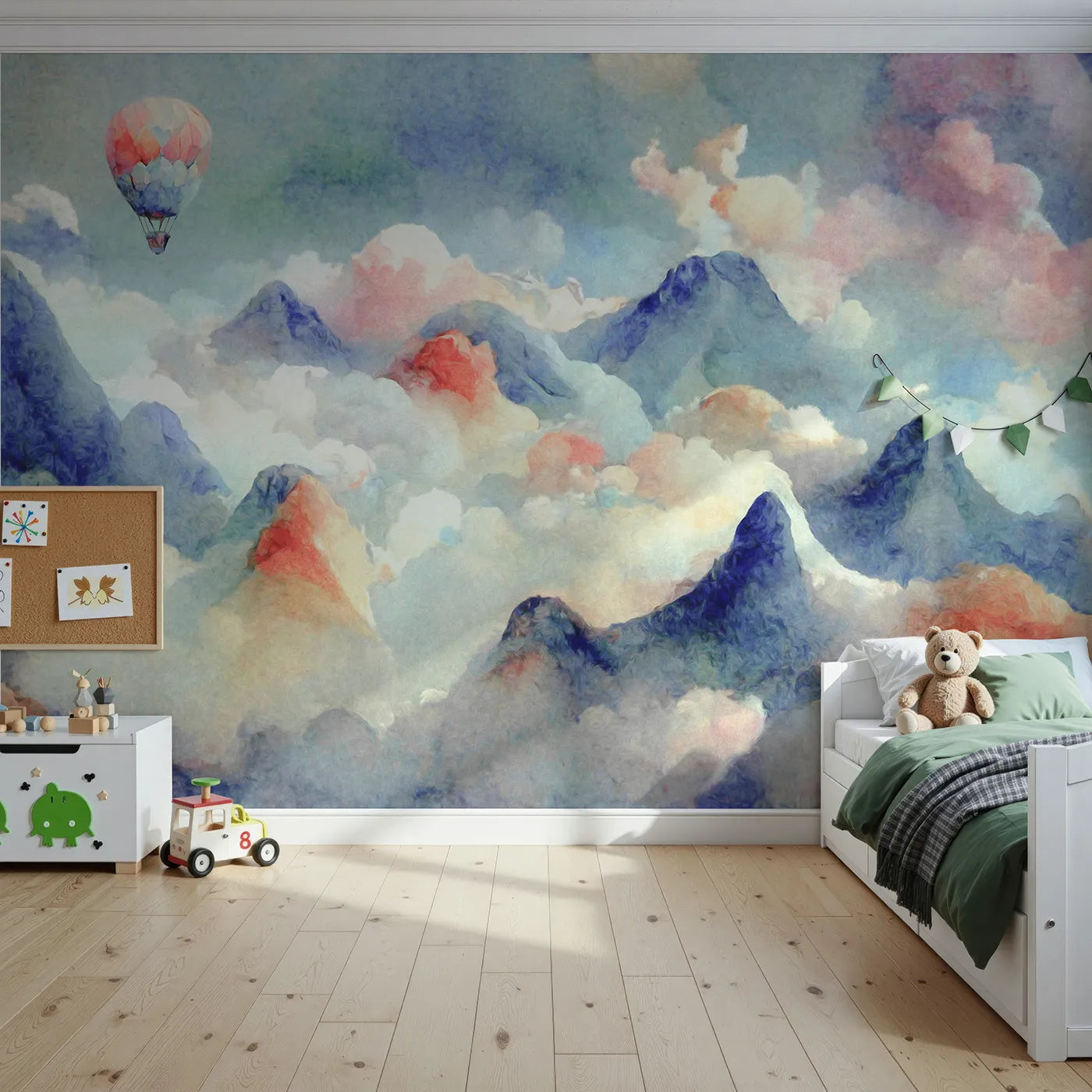 Front view of Whimsy Tots' Impressionist Mountain Sky Wall Mural