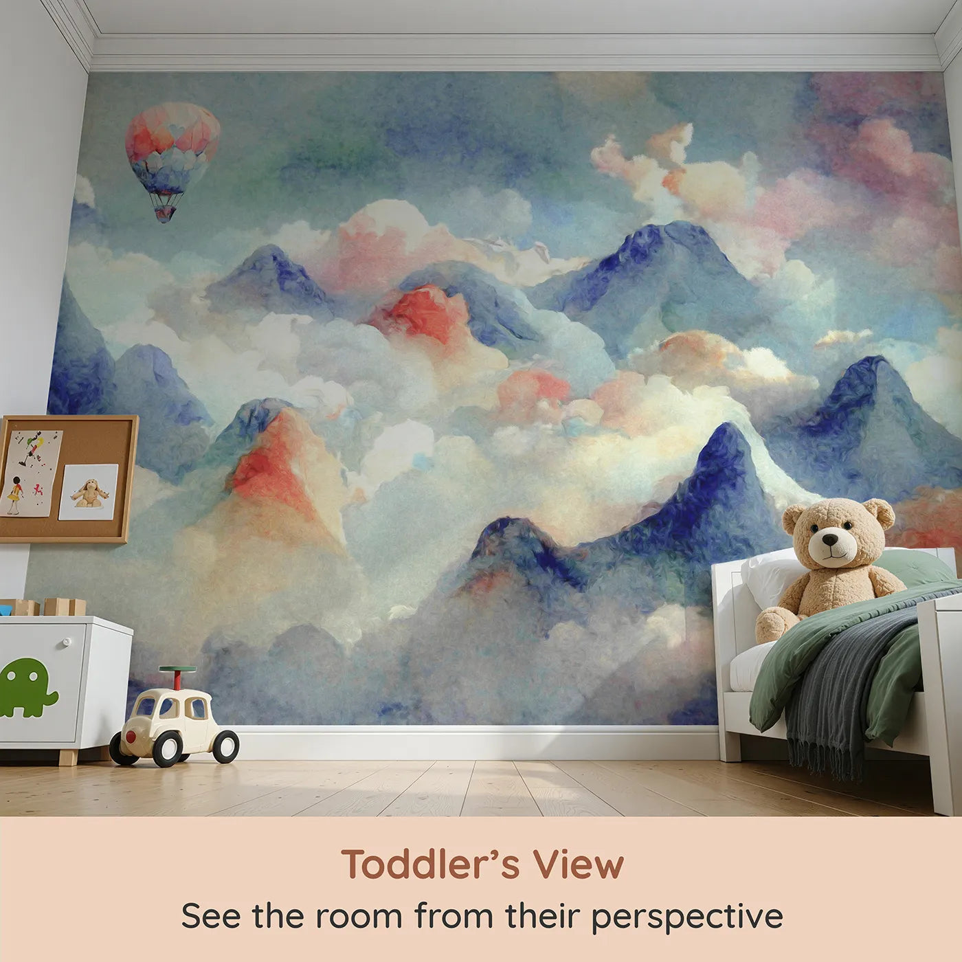 Whimsy Tots Impressionist Mountain Sky Wall Mural (Turn Their Room into a Breathtaking, Painted Skyscape) from your child's view.Gender-Neutral