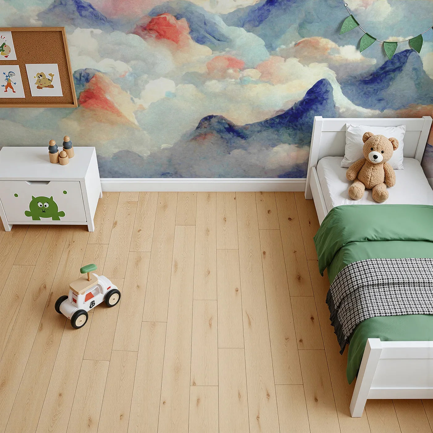 Top-down view of Whimsy Tots' Impressionist Mountain Sky Wall Mural (Turn Their Room into a Breathtaking, Painted Skyscape).Gender-Neutral