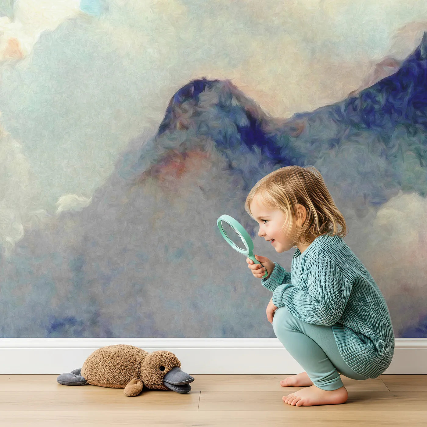 Child in front of Whimsy Tots Impressionist Mountain Sky Wall Mural with mountain, cloud, sky, painterly, abstract, balloon, impressionist, pink in design.