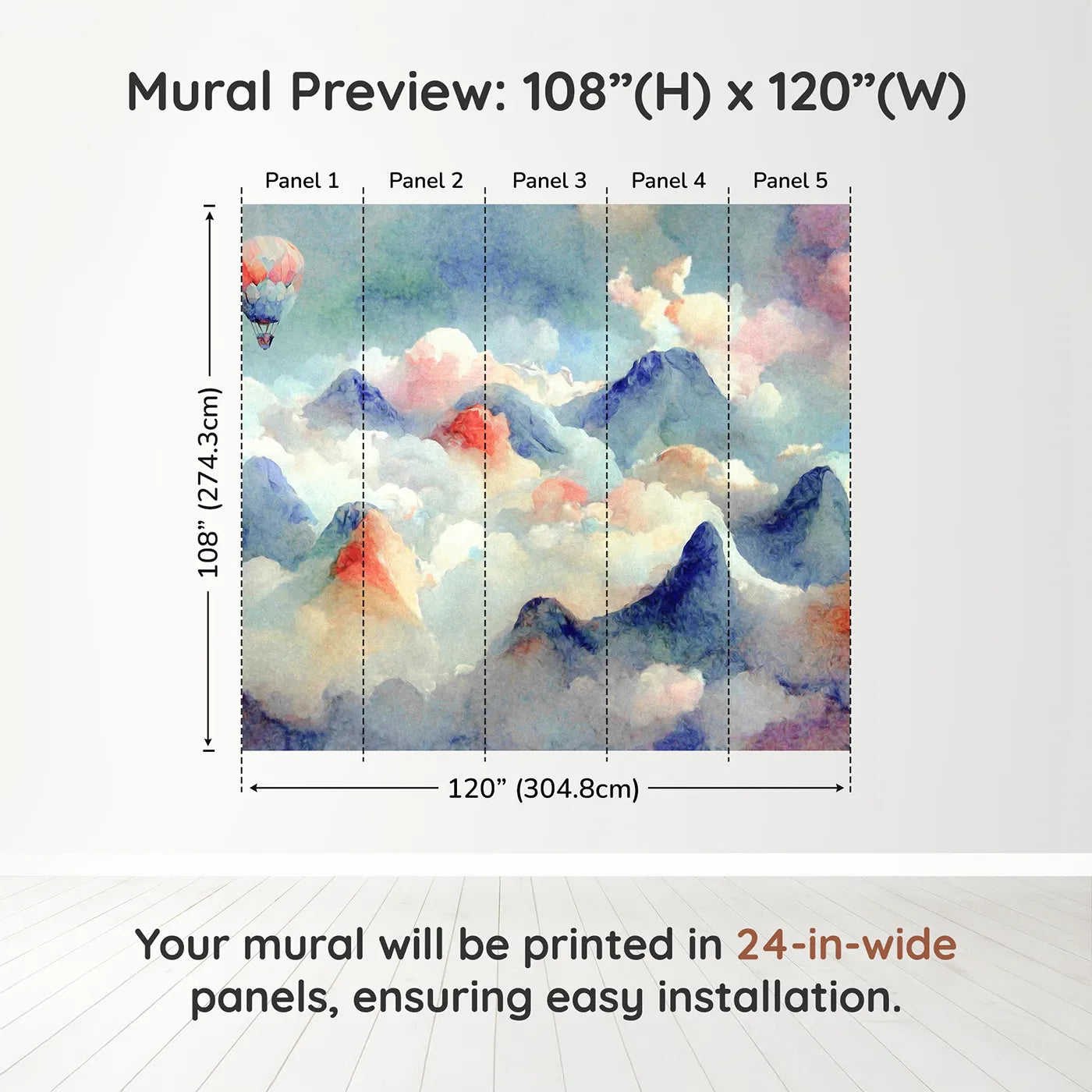 Whimsy Tots Impressionist Mountain Sky Wall Muraldimension view (108" H x 120" W). Printed in five 24-inch-wide panels. Gender-Neutral