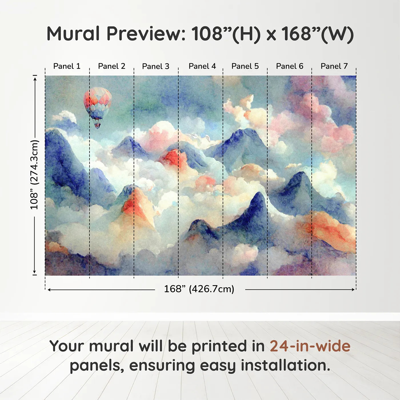 Whimsy Tots Impressionist Mountain Sky Wall Muraldimension view (108" H x 168" W). Printed in seven 24-inch-wide panels. Gender-Neutral