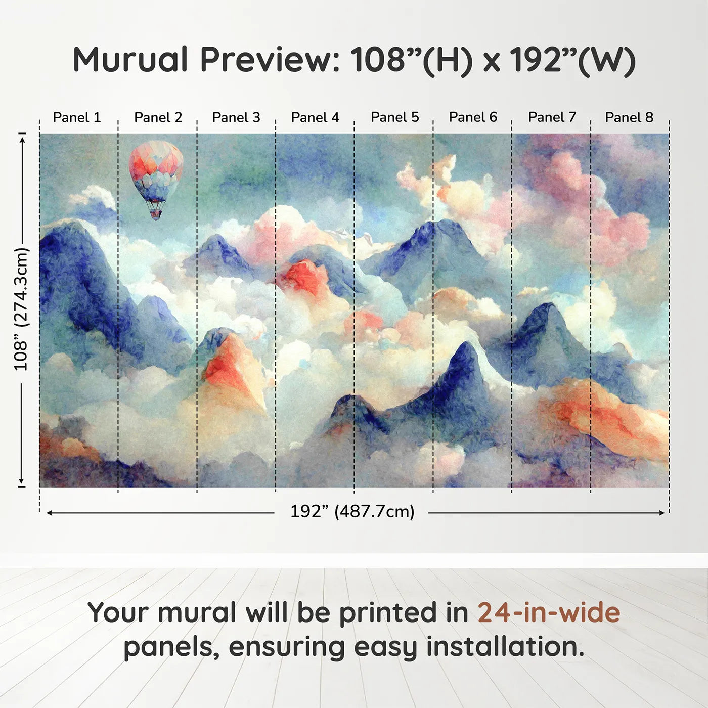 Whimsy Tots Impressionist Mountain Sky Wall Muraldimension view (108" H x 192" W). Printed in eight 24-inch-wide panels. Gender-Neutral
