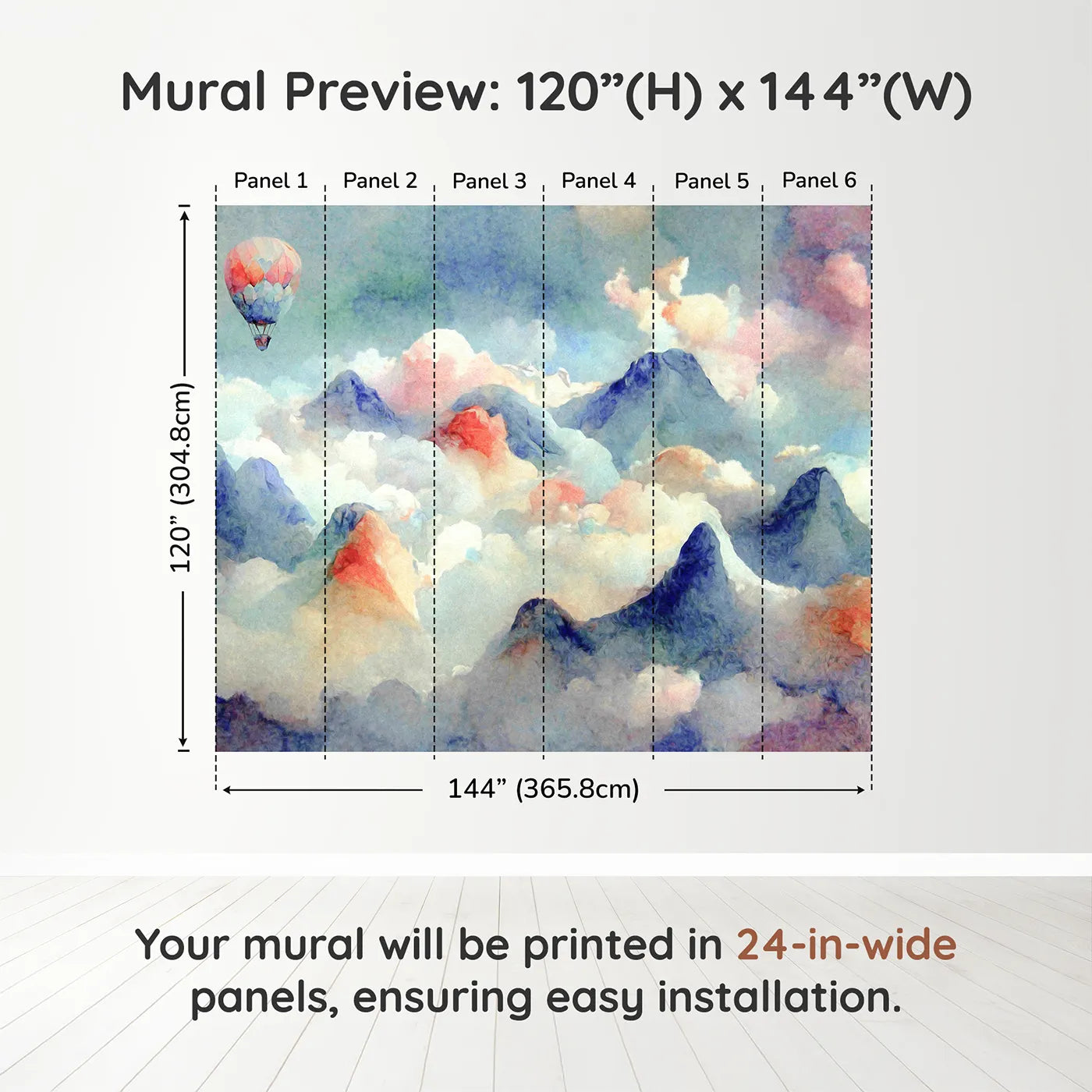Whimsy Tots Impressionist Mountain Sky Wall Muraldimension view (120" H x 144" W). Printed in six 24-inch-wide panels. Gender-Neutral