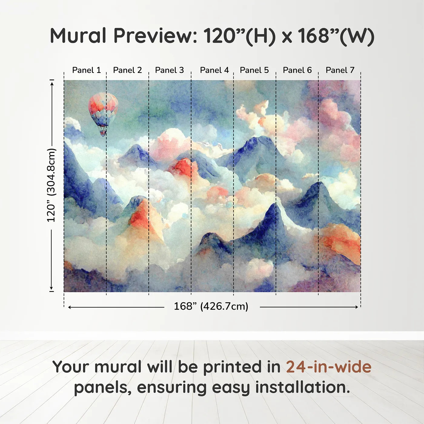 Whimsy Tots Impressionist Mountain Sky Wall Muraldimension view (120" H x 168" W). Printed in seven 24-inch-wide panels. Gender-Neutral