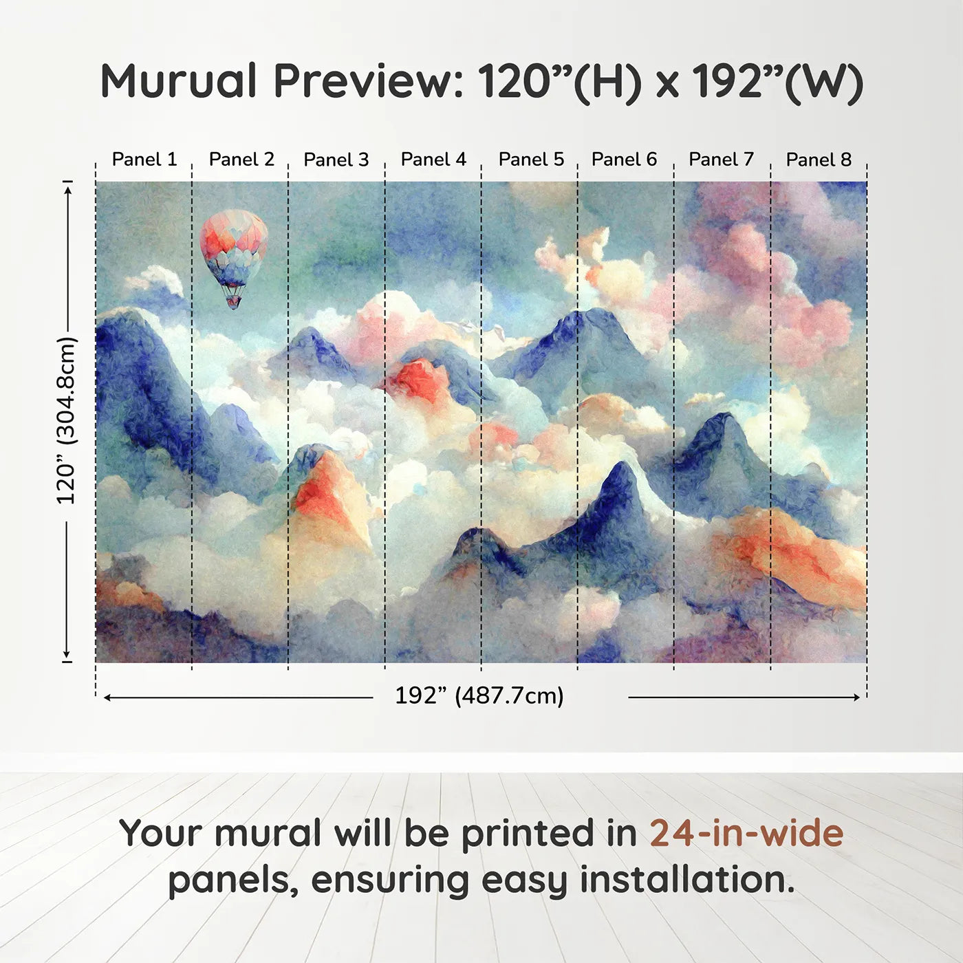 Whimsy Tots Impressionist Mountain Sky Wall Muraldimension view (120" H x 192" W). Printed in eight 24-inch-wide panels. Gender-Neutral