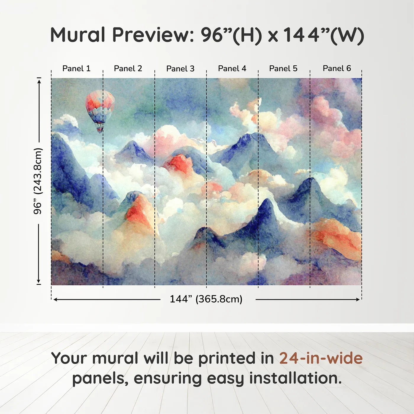 Whimsy Tots Impressionist Mountain Sky Wall Muraldimension view (96" H x 144" W). Printed in six 24-inch-wide panels. Gender-Neutral