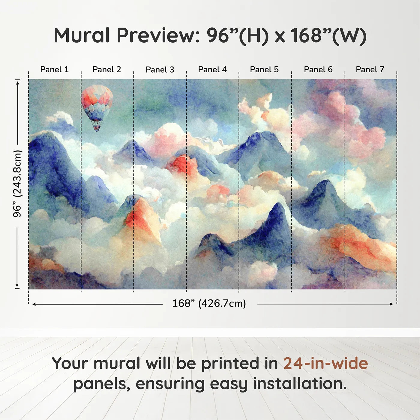 Whimsy Tots Impressionist Mountain Sky Wall Muraldimension view (96" H x 168" W). Printed in seven 24-inch-wide panels. Gender-Neutral