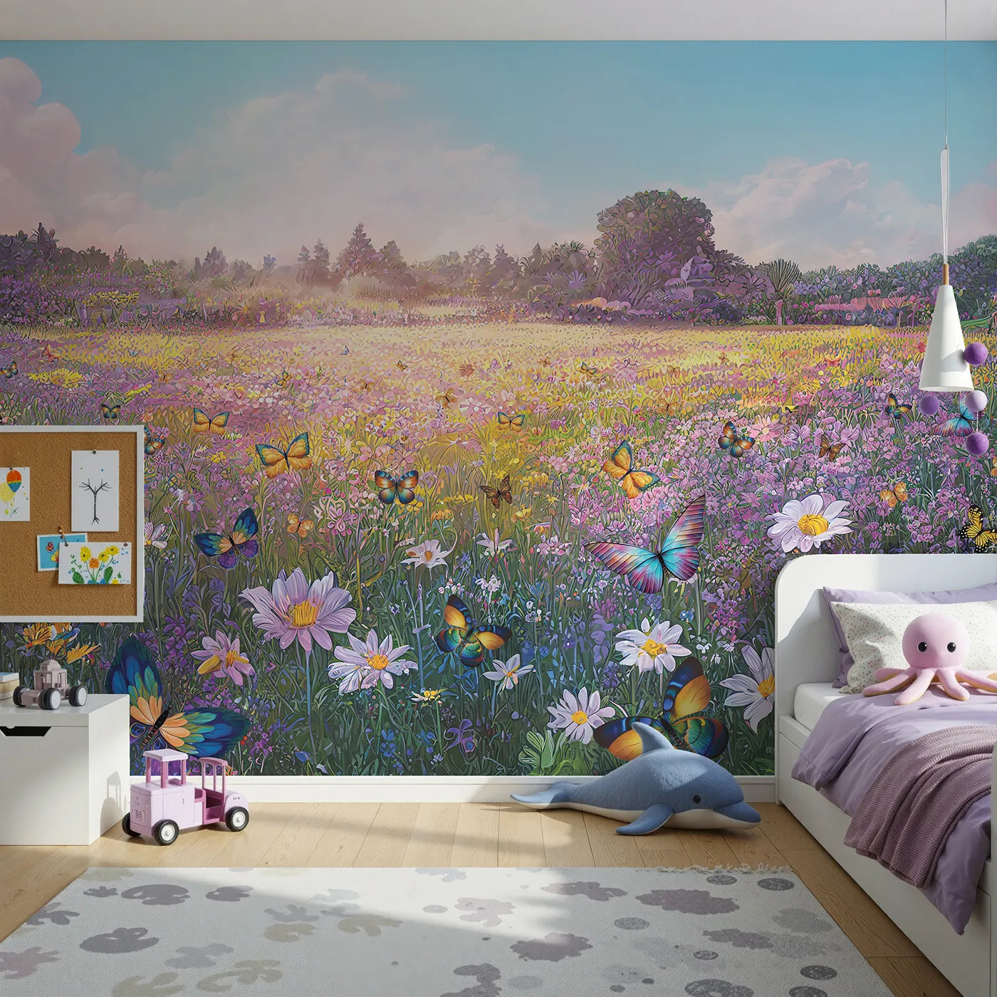Front view of Whimsy Tots' Butterfly Meadow Wall Mural
