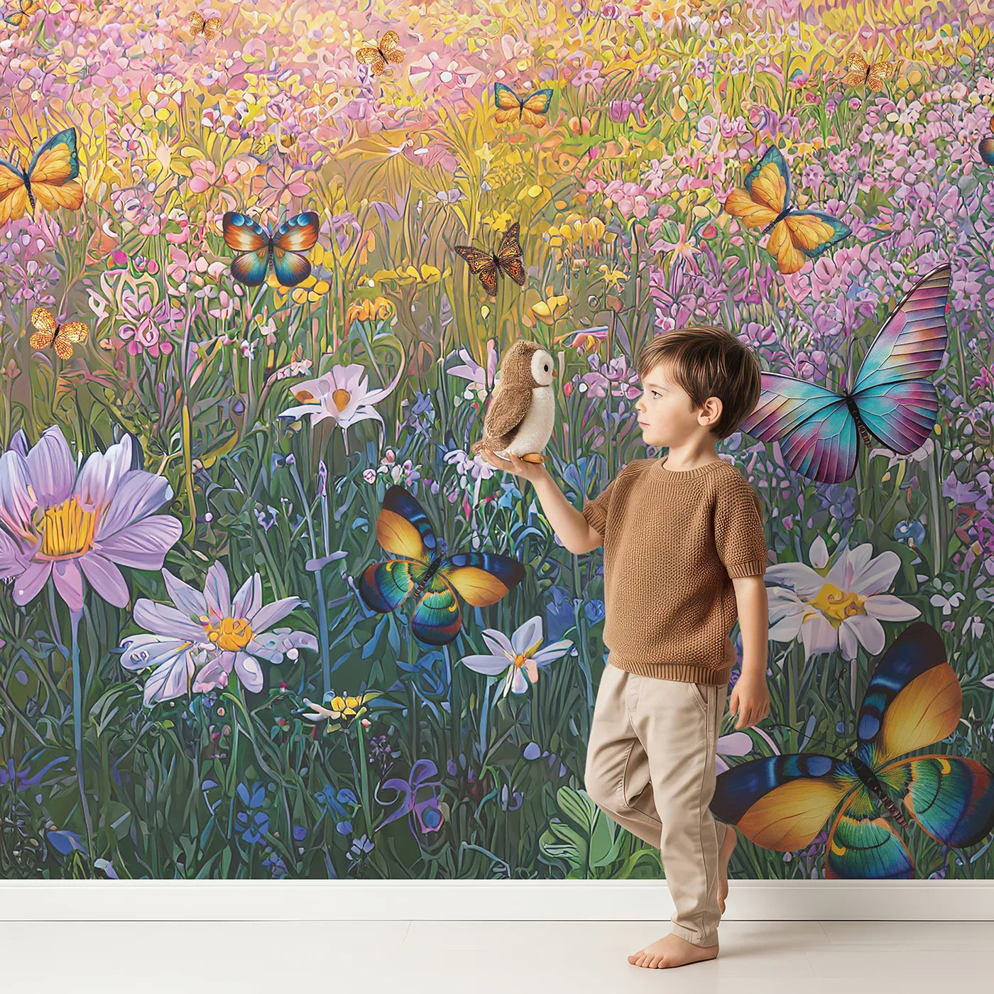 Child in front of Whimsy Tots Butterfly Meadow Wall Mural with butterfly, flower, meadow, field, colorful, vibrant, magical, summer in design.