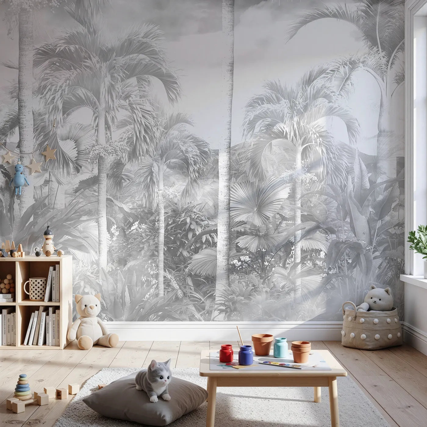 Front view of Whimsy Tots' Misty Jungle Wall Mural in Grayscale