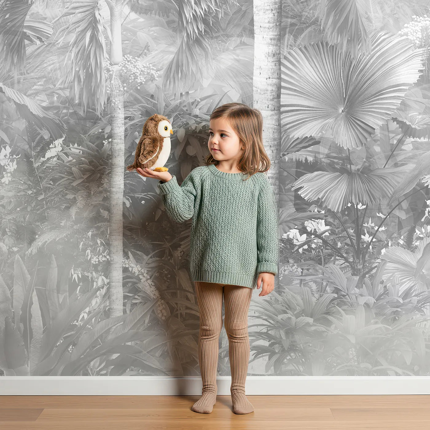 Child in front of Whimsy Tots Misty Jungle Wall Mural in Grayscale with jungle, tropical, mist, palm tree, black and white, monochrome, forest, realistic in design.