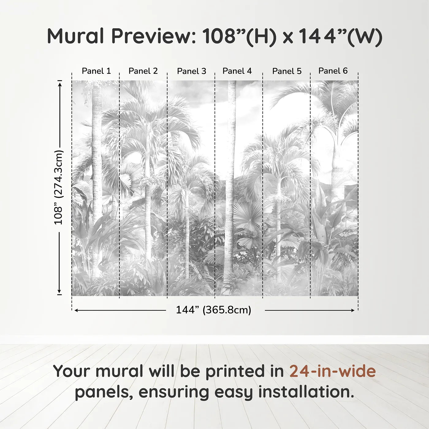 Whimsy Tots Misty Jungle Wall Mural in Grayscaledimension view (108" H x 144" W). Printed in six 24-inch-wide panels. Gender-Neutral
