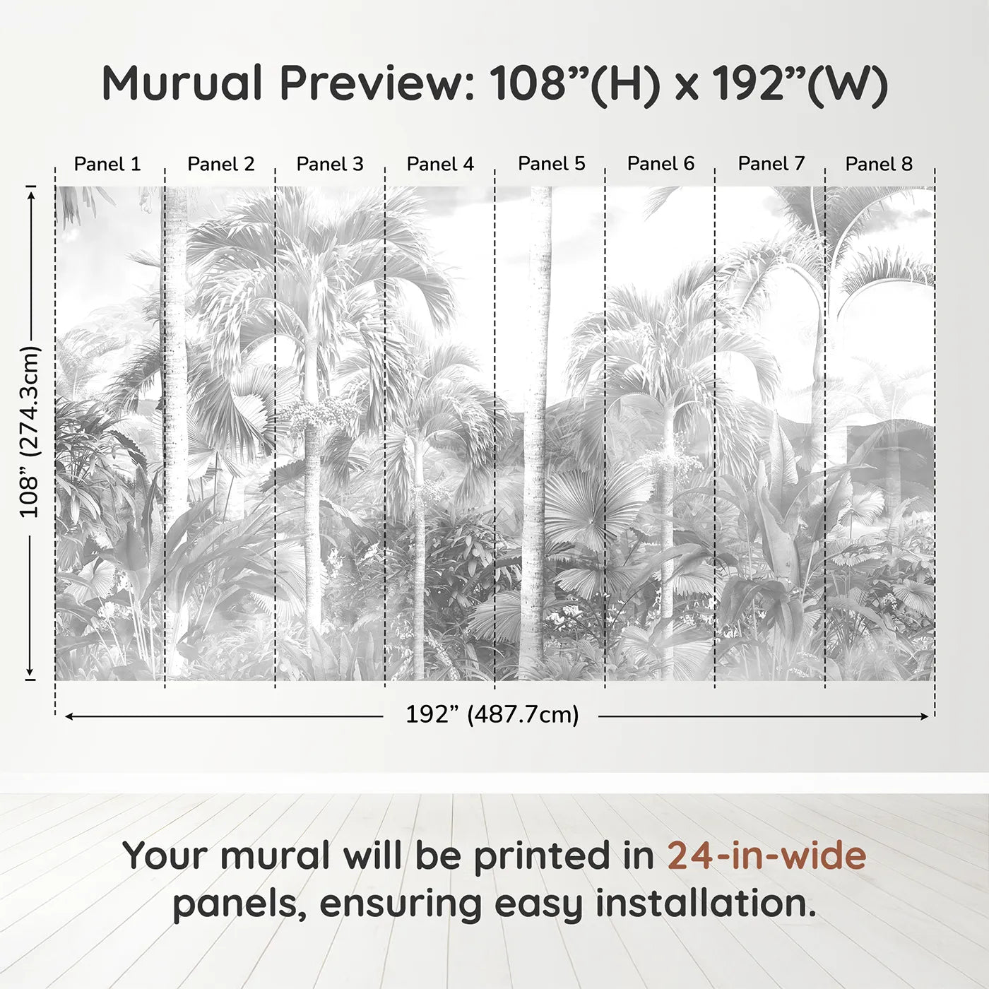 Whimsy Tots Misty Jungle Wall Mural in Grayscaledimension view (108" H x 192" W). Printed in eight 24-inch-wide panels. Gender-Neutral