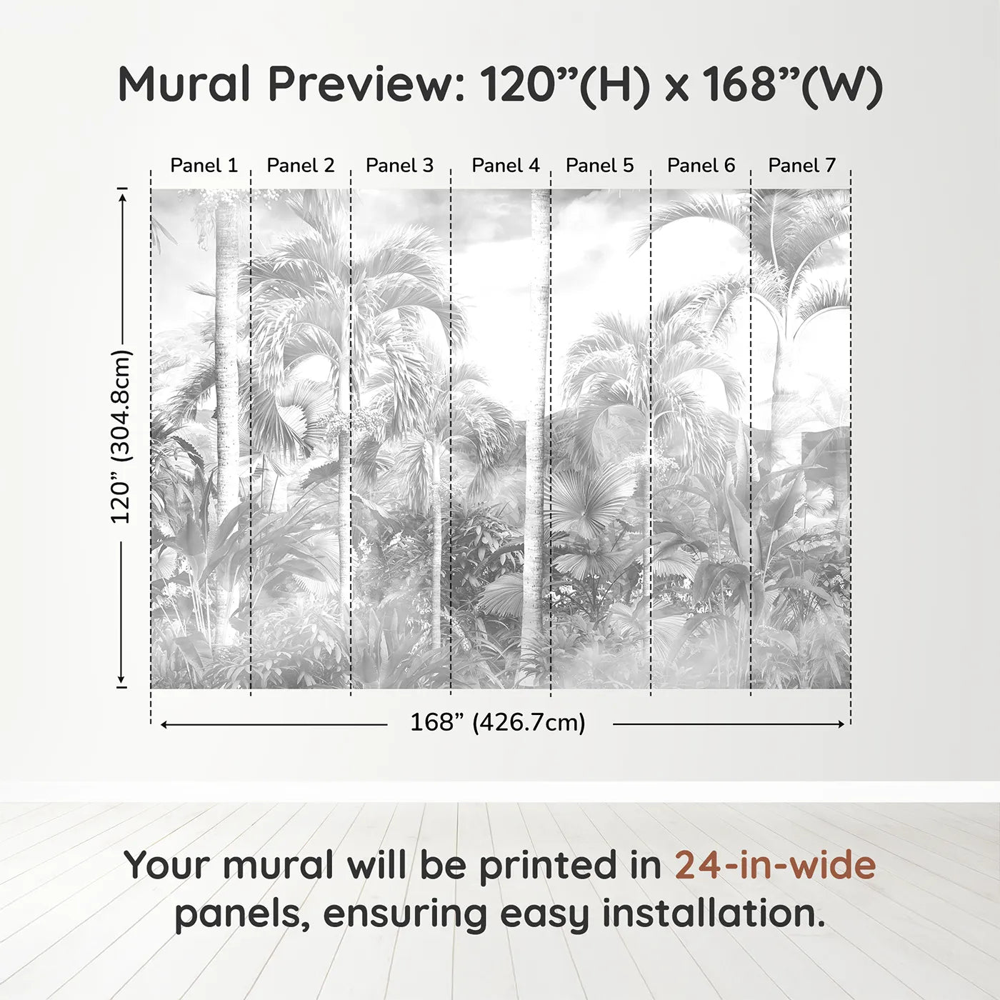 Whimsy Tots Misty Jungle Wall Mural in Grayscaledimension view (120" H x 168" W). Printed in seven 24-inch-wide panels. Gender-Neutral