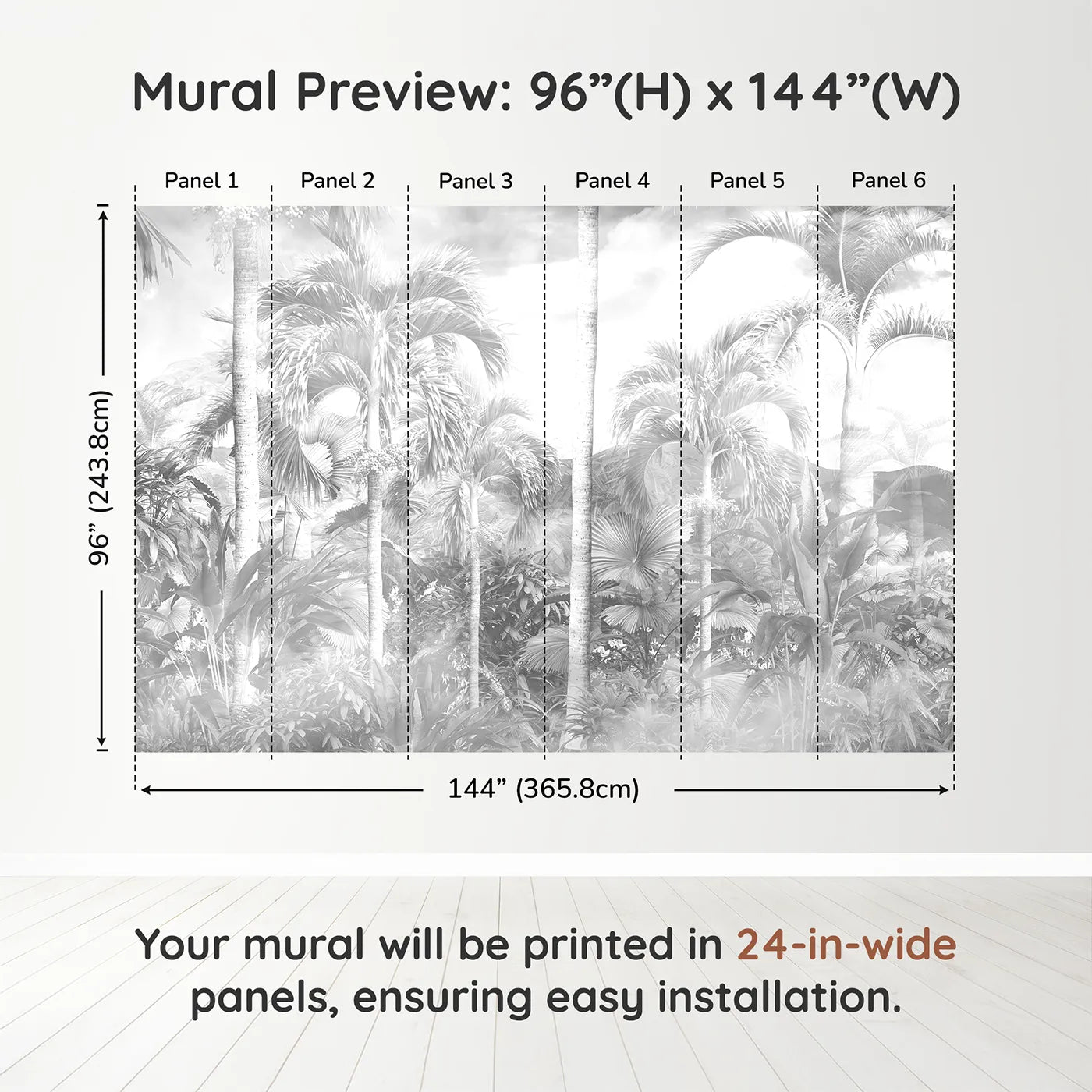 Whimsy Tots Misty Jungle Wall Mural in Grayscaledimension view (96" H x 144" W). Printed in six 24-inch-wide panels. Gender-Neutral