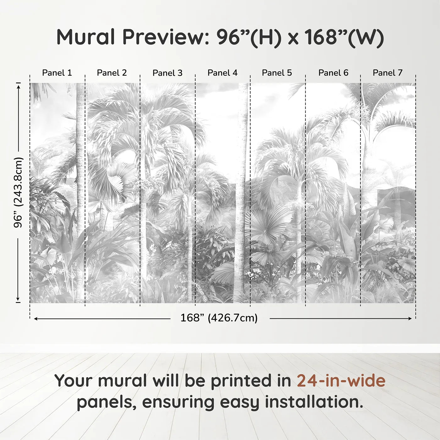 Whimsy Tots Misty Jungle Wall Mural in Grayscaledimension view (96" H x 168" W). Printed in seven 24-inch-wide panels. Gender-Neutral