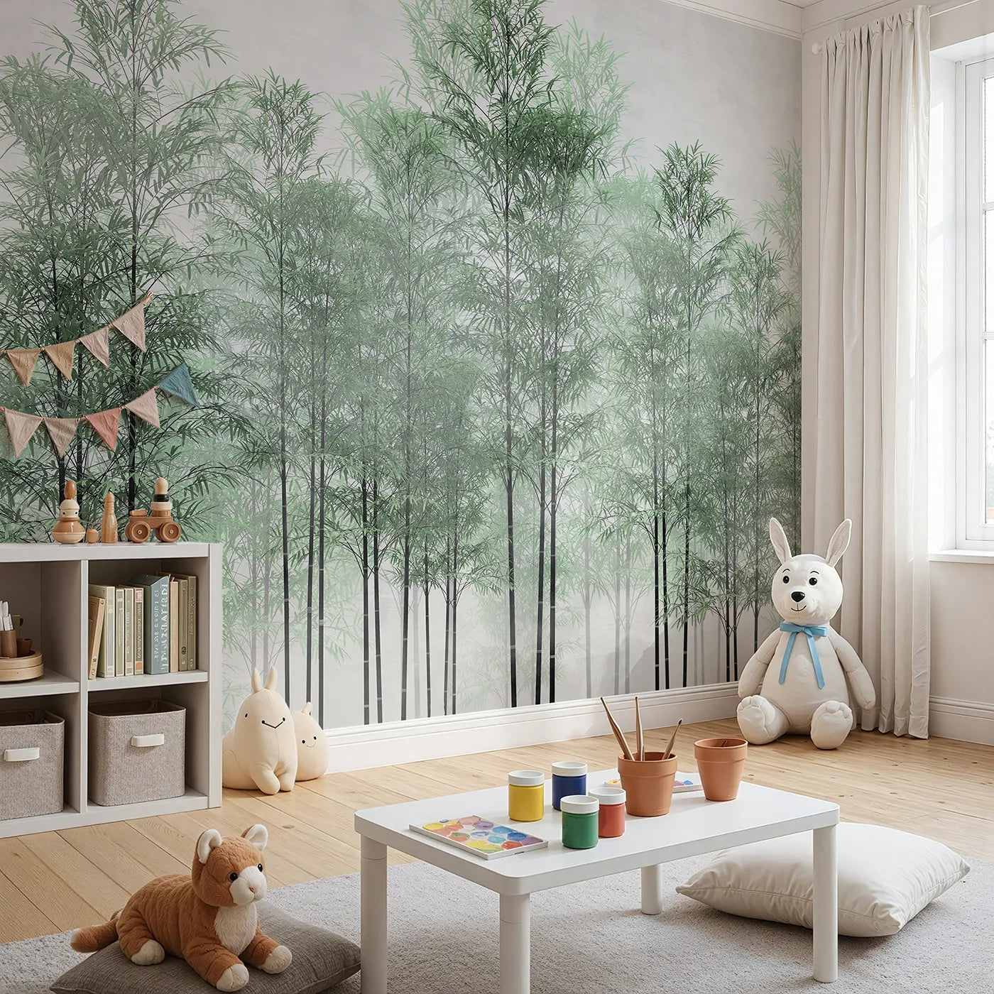 Angled view of Whimsy Tots' Misty Green Bamboo Forest Wall Mural (Turn Their Room into a Peaceful, Ethereal Grove).Gender-Neutral